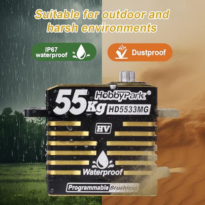 HobbyPark Waterproof 55KG High Torque Servo Motor Brushless Metal Gear Digital Servo Programmable 8.4V HV Servo for 1/8 1/10 1/12 RC Crawler RC Truck RC Car Buggy Robot DIY Control Angle 180°