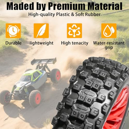 4PCS Pre-Glued RC Crawler Car Rubber Tires and Plastic Wheels Set, 70mm*26mm Tires and Rims with 12mm Hex Fits for ARRMA 1/14 1/16 1/18 Granite/Typhon Grom RC On/Off Road Crawler Truck Car (Red) - color: Red