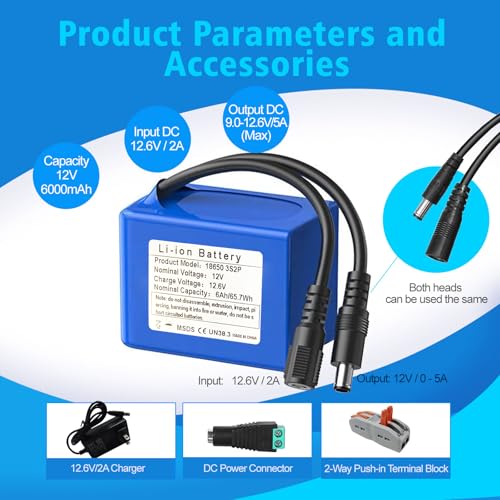 12V 6000mAh Rechargeable Lithium-Ion Battery Pack with Charger - Long-Lasting Power for RC Cars Drones LED Lights CCTV Cameras Robotics DIY Electronics - size: 1 PACK