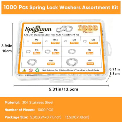 1000Pcs Spring Lock Washers Assortment Kit, Metric Split Lock Washer Set, 304 Stainless Steel Lock Washers for Screws Bolts,9 SAE Sizes M2 M2.5 M3 M4 M5 M6 M8 M10 M12