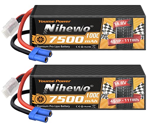 4S Battery 14.8V 7500mAh 100C Hardcase EC5 for RC Truck Boat 2Packs | 4 Cell Lipo Battery Hard case, Durable for RC Car/Truck/Boat/Airplane/Drone; High Discharge; EC5 Plug Ready; 2-Pack Value