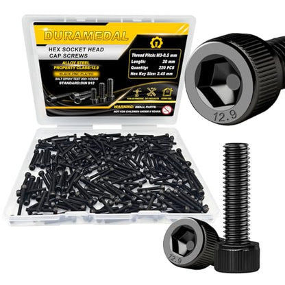 M3x20mm Screws 220pcs Hex Socket Cap 12.9 Steel Black Zinc Fully Thread | Allen socket drive head cap screws bolts fully thread machine screws - size: M3*20mm 220pcs
