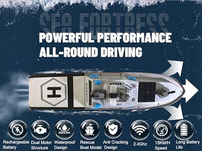 22" Inch 56CM Remote Controlled Warship Battleship Aircraft Carrier 15km/h 2.4G 8WD RC Boat Spaying Water LED Walk On Water Lakes Pools for 14Y+ Blue (2 Water-Cannons ,1 Shooting &1 No-Shooting)