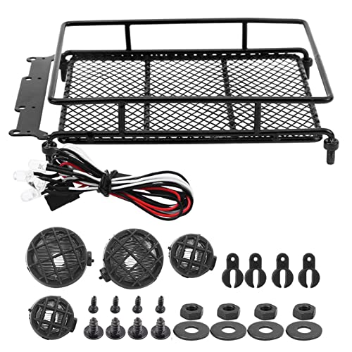 RC Crawler Roof Rack, Durable Metal Simulation Luggage Carrier with LED Light for Off-Road Adventure RC and Scale Hobbyists - color: Black