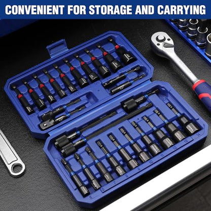 WORKPRO 27 PCS Magnetic Nut Driver Set with Quick-Release Extensions | Impact Drill Driver Bit 1/4" Hex Shank, SAE & Metric Cr-V Power Nut Drivers, Impact Socket Adapters, Bit Holder and Toolbox - size: 27PCS Magnetic Nut Driver Set