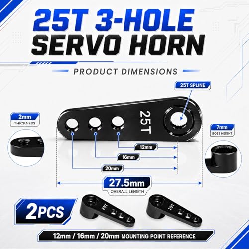 2PCS 25T Aluminum Servo Horn, 3-Hole RC Steering Arm for Futaba Savox MG995 | CNC Aluminum Servo Arm M3 Thread Adjustable Linkage 12mm 16mm 20mm Positions 1/8 1/10 RC Power HD MG996 Crawler Buggy Truck - color: Black