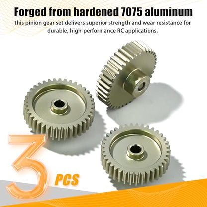 3PCS 48P Pinion Gear Set 7075 Aluminum Alloy 3.175mm Shaft 37T 38T 39T with Screws & Hex for 1/10 RC Arrma Traxxas HPI Sakura Losi Axial SCX10 Tamiya Monster Truck Buggy Motor Gears Upgrade - size: 37 38 39T