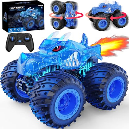 BAODLON Remote Control Monster Car, 2.4GHz RC Monster Trucks Toys for 3 4 5 6 7 8 Years Old Boys Kids, All Terrain RC Truck Off Road with Spray, Light, Rechargeable Battery, Christmas Birthday Gifts - style: Dinosaur-blue