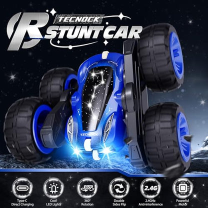 Tecnock Remote Control Car, 2.4GHz RC Cars with USB-C Easy Charging, 4WD Double Sided 360° Rotates and Flips RC Stunt Car, Toys Gift for Boys and Girls Ages 6-8, 8-12 - color: Blue