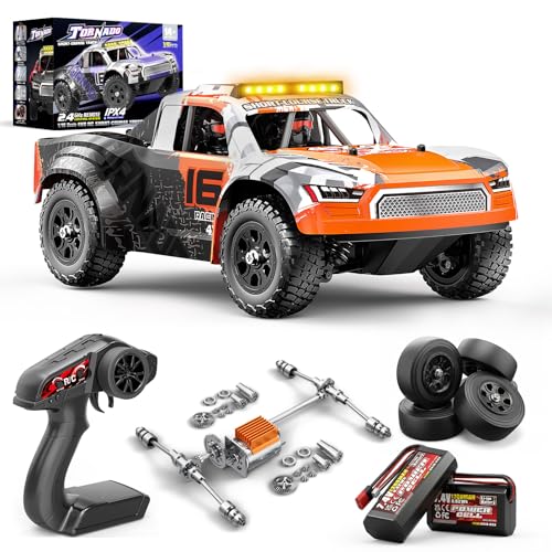 1:16 Beginner RC Cars,4WD Drift All Terrain Remote Control Car Short Course RC Truck, Up to 36 km/h,2.4GHz RTR, 2×7.4V 1300mAh Batteries, 2 Tire Sets , Metal Drivetrain,for Adults and boys age 8-12