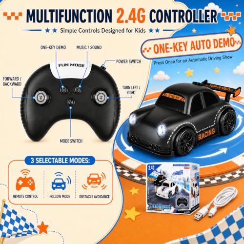 BYTEWAR 3-in-1 Remote Control car for Toddlers, Drift Follow Escape Modes | One-Key Auto Showcase Simulated Sounds and Headlights, Kids Toys for Age 3+ - color: Black Car