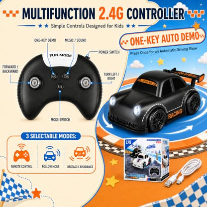 BYTEWAR 3-in-1 Remote Control car for Toddlers, Drift Follow Escape Modes | One-Key Auto Showcase Simulated Sounds and Headlights, Kids Toys for Age 3+ - color: Black Car