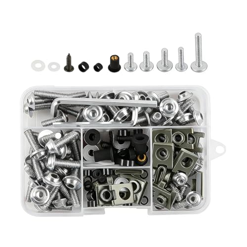 195PCS M5 M6 Motorcycle Fairing Bolt Kits, Stainless Steel Windshield Fairing Screws Fastener, Motorbike Windscreen Bolts Nut Clips Kit, Universal for Dirt Bike Scooters Motocross (Silver) - color: Silver