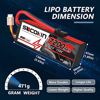 3S Lipo Battery 11.1V 7200mAh 150C RC Lipo Battery Hard Case with TR Plug for RC Car RC Truck Airplane Helicopter Boat Car Racing RC Hobby (2 Pack)