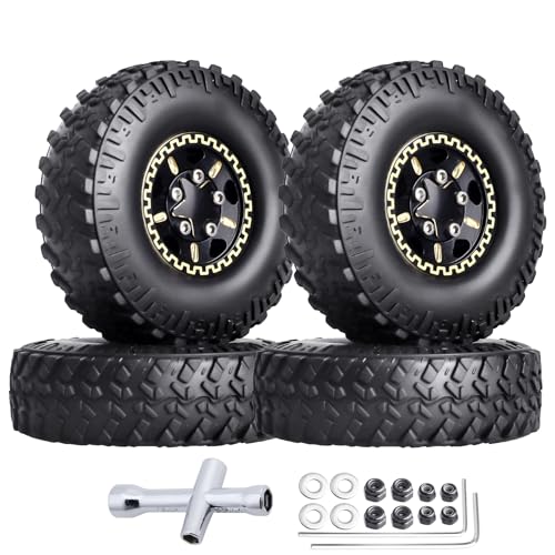 HobbyPark Brass 1.0 Beadlock Wheels and Tires for TRX4M Upgrades Axial SCX24 1/24 RC Crawler Replacement Parts, Set of 4 (Type E) - style: Type E