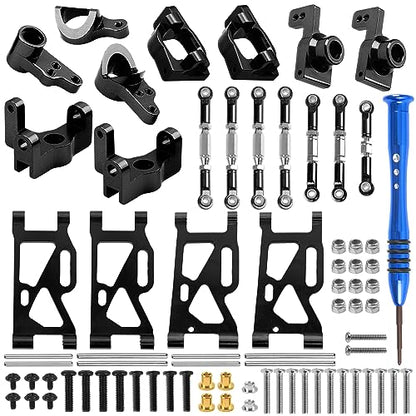 ShareGoo Aluminum Front Rear Swing Arm & Steering Knuckle Kit & Tie Rod Steering Servo Link Compatible with WLtoys 144010 144001 144002 1/14 RC Car (Black) - color: Black