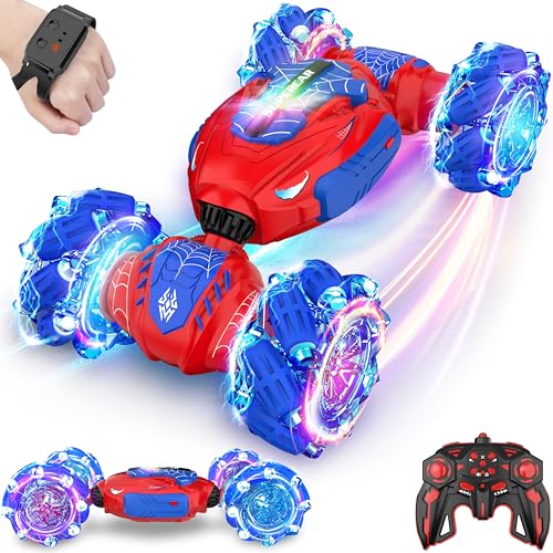 Gesture Sensing RC Stunt Car, Hand Controlled Remote Control Twist Cars | 4WD Remote Control Car with Lights, Music & Spinning Stunt, Birthday Toy Gift for Kids Boys Girls Age 6 7 8 9 10 11 12 - color: Red Blue