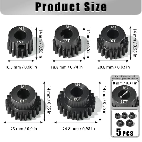 M1 8mm Steel Pinion Gear Set 15T 17T 19T 21T 23T with Laser-Engraved Tooth Count for 1/5 X-Maxx Rc Model Car Buggy Truck Replacement Mod 1 Gear Compatible with Brushed & Brushless Motors 5 Pcs - size: M1-8-15T-17T-19T-21T-23T