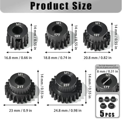 M1 8mm Steel Pinion Gear Set 15T 17T 19T 21T 23T with Laser-Engraved Tooth Count for 1/5 X-Maxx Rc Model Car Buggy Truck Replacement Mod 1 Gear Compatible with Brushed & Brushless Motors 5 Pcs - size: M1-8-15T-17T-19T-21T-23T