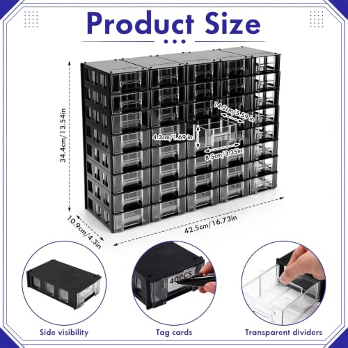 Novabright 40 Drawer Plastic Small Parts Organizer, Wall Mount Storage Cabinet with Clear Drawers and Blank Labels, Heavy Duty Tool Organizer for Hardware Crafts Beads Building Bricks, Black