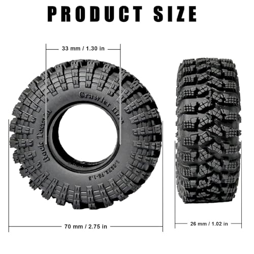 1.3” RC Tires - 70x26mm All Terrain Tyres 4-Pack for TRX4M SCX24 Crawlers | Soft Sticky Rubber Tyre with Foam Insert for Mud/Rock Climbing Compatible with 1/18 1/24 AX24 TRX4M SCX24 FCX24 Micro Crawler