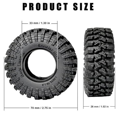 1.3” RC Tires - 70x26mm All Terrain Tyres 4-Pack for TRX4M SCX24 Crawlers | Soft Sticky Rubber Tyre with Foam Insert for Mud/Rock Climbing Compatible with 1/18 1/24 AX24 TRX4M SCX24 FCX24 Micro Crawler