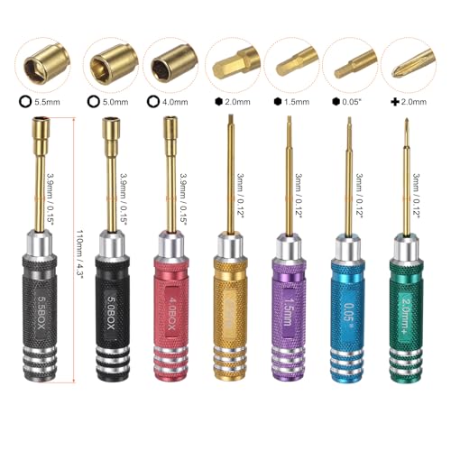 HARFINGTON 7pcs RC Tool Kit Set Hex Driver 0.05" 1.5mm 2.0mm Nut Socket | 4.0mm, 5.0mm, 5.5mm, Phillips, Titanium, RC Driver Repair Tool, for RC Models Car Helicopter Boat