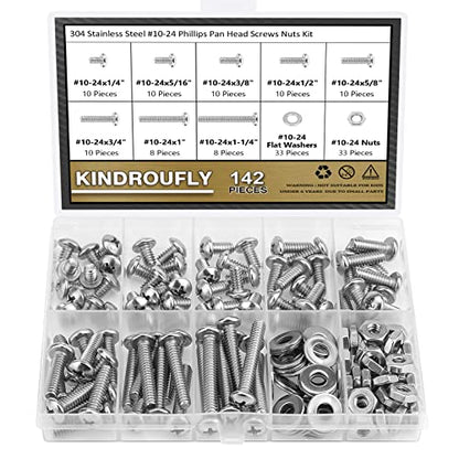 142 Pieces #10-24x 1/4", 5/16", 3/8", 1/2", 5/8", 3/4", 1", 1-1/4", Phillips Pan Head Machine Screws Nuts Washers Assortment Kit, 304 Stainless Steel, Fully Machine Thread - size: #10-24