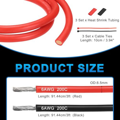 MECCANIXITY 6 Gauge Silicone Electrical Wire Cables, 6 AWG 3ft Black and 3ft Red Electrical Wires High Temp 600V 200C Flexible Stranded Tinned Copper Wires Automotive Cable with Accessories - size: 6 Gauge 1m/3ft