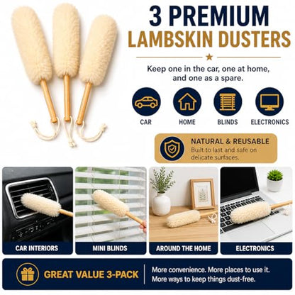 TRU-LAMB Premium Lambskin Mini Duster 3-Pack – Natural Wool Dusting Brush for Car Interior, Dashboard, Air Vents, Mini Blinds, Electronics, Keyboard, Home & Office Cleaning