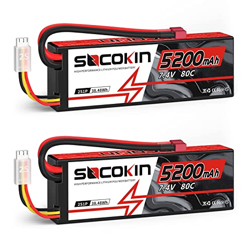 2S Lipo Battery 7.4V 5200mAh 80C Battery with Hard Case T-Plug for RC Evader BX Car Buggy Boat Drones 1/10 Scale Racing Truck Racing Heli Airplane