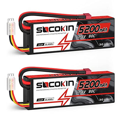 2S Lipo Battery 7.4V 5200mAh 80C Battery with Hard Case T-Plug for RC Evader BX Car Buggy Boat Drones 1/10 Scale Racing Truck Racing Heli Airplane