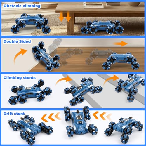Cool 8-Wheel Gesture RC Stunt Car, 2.4GHz Climbing Toy for Ages 6-14 | 8-Wheel Double-Sided Climbing Vehicle, Gesture & Remote Dual Control, Built-in Lights and Music, Transformable Drift RC Car - color: Blue