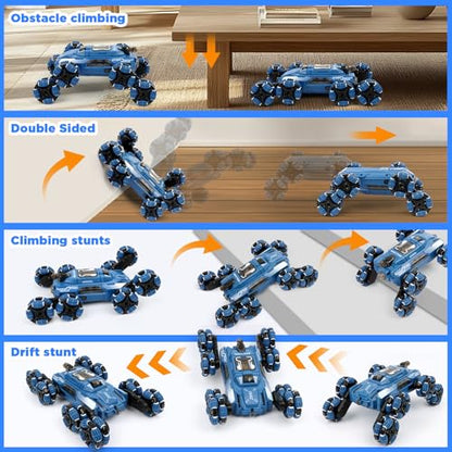 Cool 8-Wheel Gesture RC Stunt Car, 2.4GHz Climbing Toy for Ages 6-14 | 8-Wheel Double-Sided Climbing Vehicle, Gesture & Remote Dual Control, Built-in Lights and Music, Transformable Drift RC Car - color: Blue