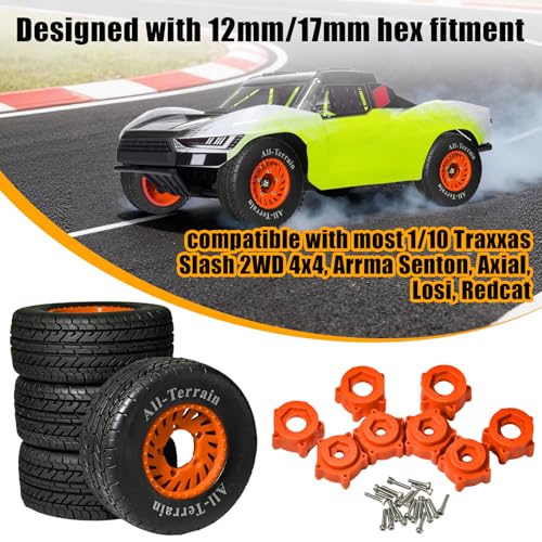 1/10 RC Short Course Truck Rubber Tires & Nylon Rims- 12mm/17mm Hex, Orange | All-Terrain Tires and Wheels Compatible with 1/10 Traxxas Slash 4WD 2WD Arrma Senton Axial Losi Redcat RC Buggy, 4-Pack - color: Orange