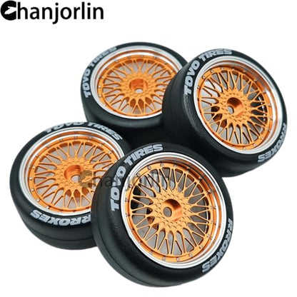 1/10 RC Drift Smooth Tires OD 2.56" & Aluminum Wheels 12mm Hex Hard Drift Racing Tyres for 1:10 1/12 Rally Street On Road Touring Car TT01 TT02 XV02 XV01 TA06 KYOSHO PTG2 4PCS (Gold) - color: Gold