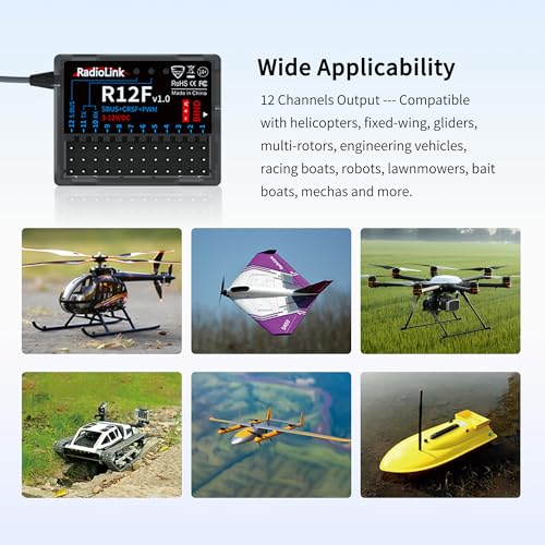 Radiolink R12F 12-Channel 2.4GHz RC Receiver Compatible with T16D/T12D/T8FB/T8S/RC4GS V3/RC6GS V3 Transmitters, Ideal for RC Airplanes, Jets, Cars, Boats & Robots