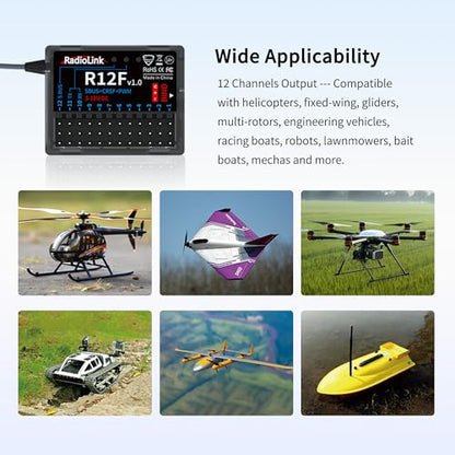 Radiolink R12F 12-Channel 2.4GHz RC Receiver Compatible with T16D/T12D/T8FB/T8S/RC4GS V3/RC6GS V3 Transmitters, Ideal for RC Airplanes, Jets, Cars, Boats & Robots