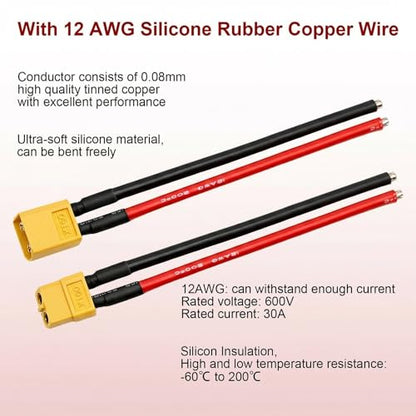 6 Pcs XT60 Connector Plug Cable with Plug and Socket Pigtail Leads, XT60 Connector Adapter with 100 mm Ultra‑Flexible Silicone Wire, Suitable for RC LiPo Battery Drone, Car, Boat (12 Pcs) - color: 12 Pcs