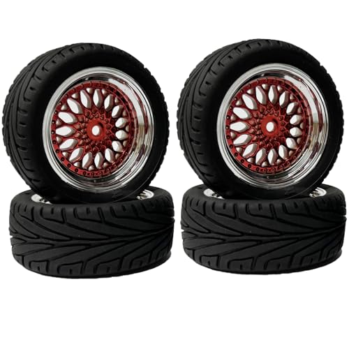 4PCS RC On-Road Car Tyres 65mm Rubber Tire and Plastic Plating Wheel Rims for 1:10 RC Run-flating Racing Touring Car for Tamiya HSP HPI Kyosho(Red Silver,Offset:9mm) - color: Red Silver, size: Offset:9mm