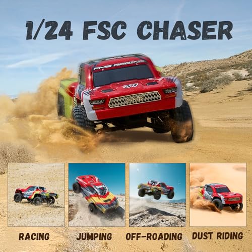 BEEZRC 1/24 FSC24 Chaser RC Short Course Truck, High Speed up to 26km/h,4WD Hobby Grade Remote Control Truck with 2-Speed Transmission RTR for Adults & Beginners Gifts (Red) - color: Red