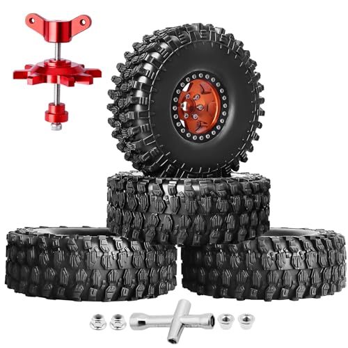 Hobbypark 1.9 Beadlock Wheels and Tires 120mm / 4.72inch Height and Mounting Install Tool for 1/10 RC Crawler with Foam Inserts,Set of 4 (Orange&Black) - color: Orange&black