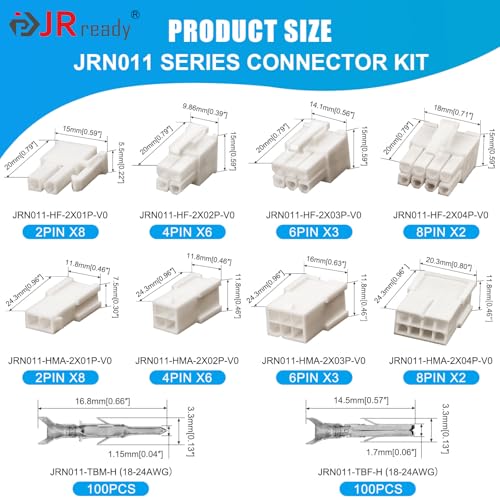 JRready Mini-Fit Jr Pin Connector Kit 2Pin 4Pin 6Pin 8Pin Wire Automotive Electrical Male Female Connector 18-24AWG Terminals Pin and Sockets Molex 4.2mm Pitch 238Pcs ST6519 - size: 2-4-6-8 Pin Standard Molex Mini-Fit