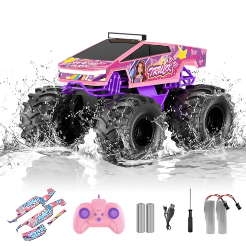 Amphibious Remote Control Car, 1:18 Pink Monster Truck Toys for Girls RC Cars, 2.4 GHz Waterproof RC Trucks, 4WD All Terrain Off-Road Pickup, Girls Christmas Birthday Gifts Presents Kids Toys Ages 6+ - color: Pink
