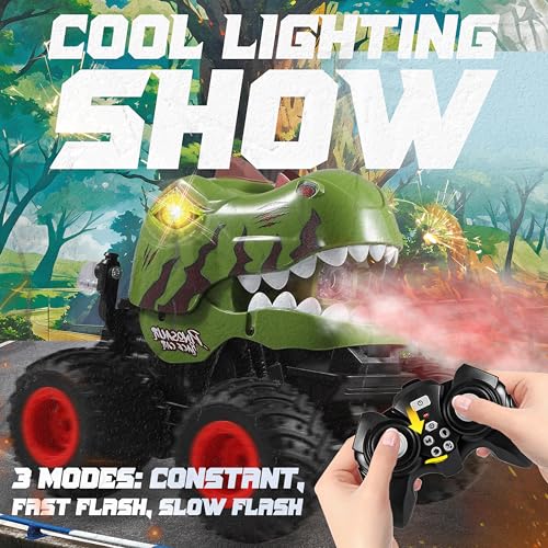 BEZGAR Monster Truck Toys - Remote Control Monster Truck with Spray, Light, Music, Dinosaur Toys for Kids, 1:20 Scale RC Truck with 360° Spins and Drifting, Remote Control Car for Boys 4-7 Camo Green - color: Camo Green
