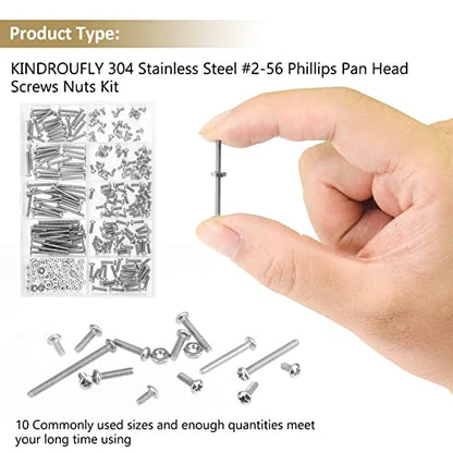 242 Pieces #2-56x 5/32", 3/16", 1/4", 5/16", 3/8", 1/2", 5/8", 3/4", 1", Phillips Pan Head Machine Screws Nuts Assortment Kit, 304 Stainless Steel, Fully Machine Thread - size: #2-56