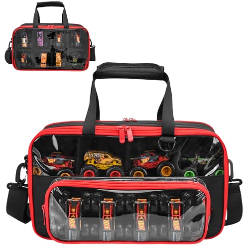 CROTIRAD 1:64 Scale Monster Truck Storage Case, Holds 20+ Die-Cast Vehicles | Carrying Organizer with Removable Dividers, Velvet Lining, Clear PVC Panels, Front Pocket, Shoulder Strap and D-Ring, Black
