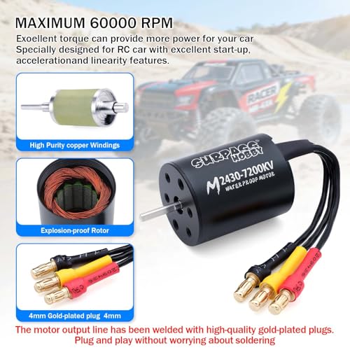 SurpassHobby 2430 7200KV Brushless Motor 2mm Shaft High Speed Waterproof Motor and for 1/16 1/18 Remote Control Cars Trucks Off-Road Vehicle - size: 7200kv, style: 2430 Motor