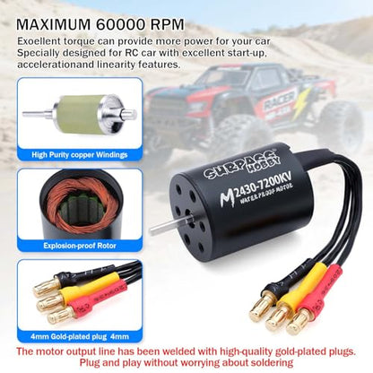 SurpassHobby 2430 7200KV Brushless Motor 2mm Shaft High Speed Waterproof Motor and for 1/16 1/18 Remote Control Cars Trucks Off-Road Vehicle - size: 7200kv, style: 2430 Motor