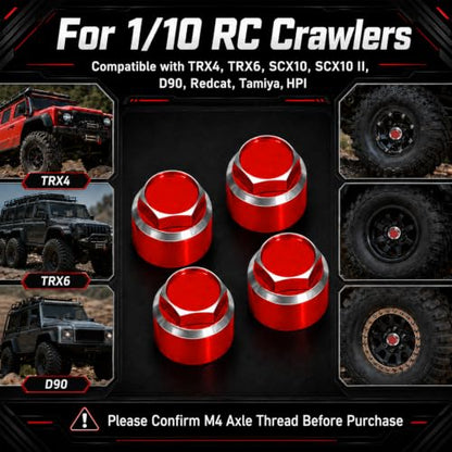 4PCS M4 RC Wheel Nuts, Dustproof Rim Center Cap Hub Nuts for 1/10 TRX4 | Aluminum Wheel Center Cap Nuts with Mini Cross Wrench for TRX4 TRX6 SCX10 SCX10 II D90 Redcat Tamiya HPI 1/10 RC Car, Red - color: Red
